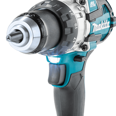 Close-up of the built-in LED work light below the torque collar on the Makita XFD16Z drill illuminating dark jobsite work areas.