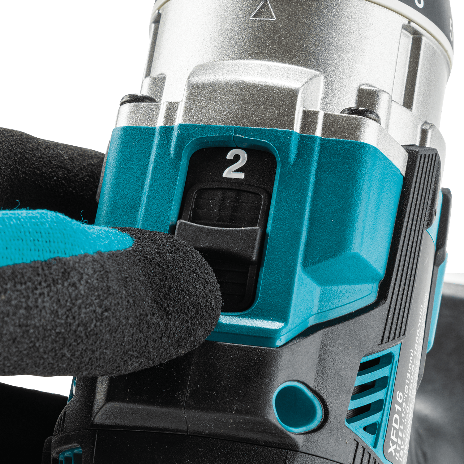 Close-up of the 2-speed mechanical gear selector switch on the Makita XFD16Z drill toggling between 0-550 and 0-1,800 RPM.