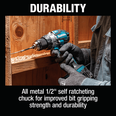Contractor driving a structural lag screw into wood framing using the Makita XFD16Z drill with its 1/2-inch all-metal ratcheting chuck.