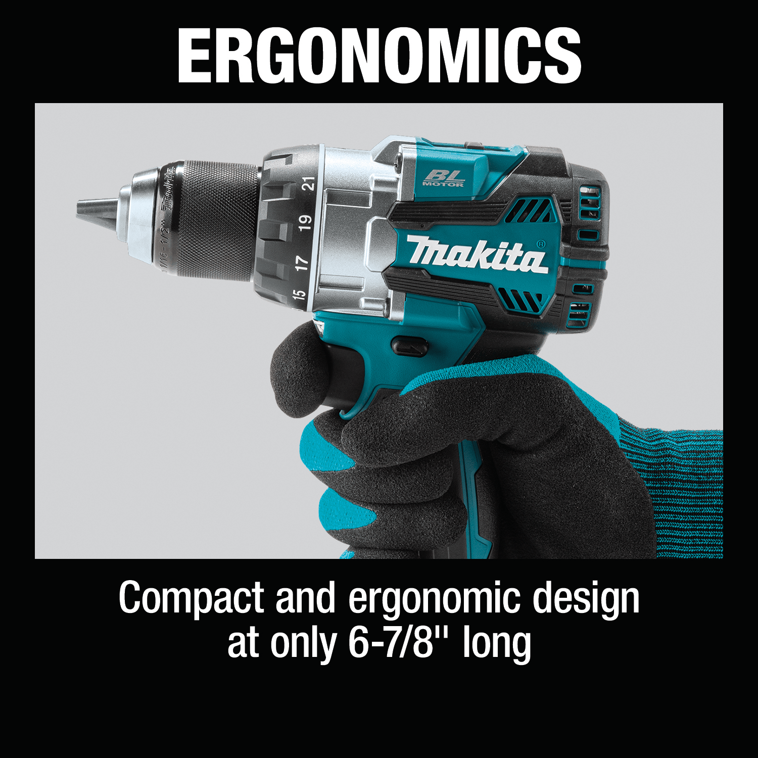 Compact 6-7/8-inch head length profile of the Makita XFD16Z drill allowing easy access between standard 16-inch wall stud bays.