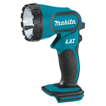 Makita DML185 18V LXT cordless xenon flashlight with a rubberized grip and pivoting head for versatile jobsite inspection lighting.