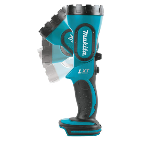 Diagram demonstrating the 4-position pivoting head on the Makita DML185 flashlight adjusting from 0 to 110 degrees for flexible light placement.