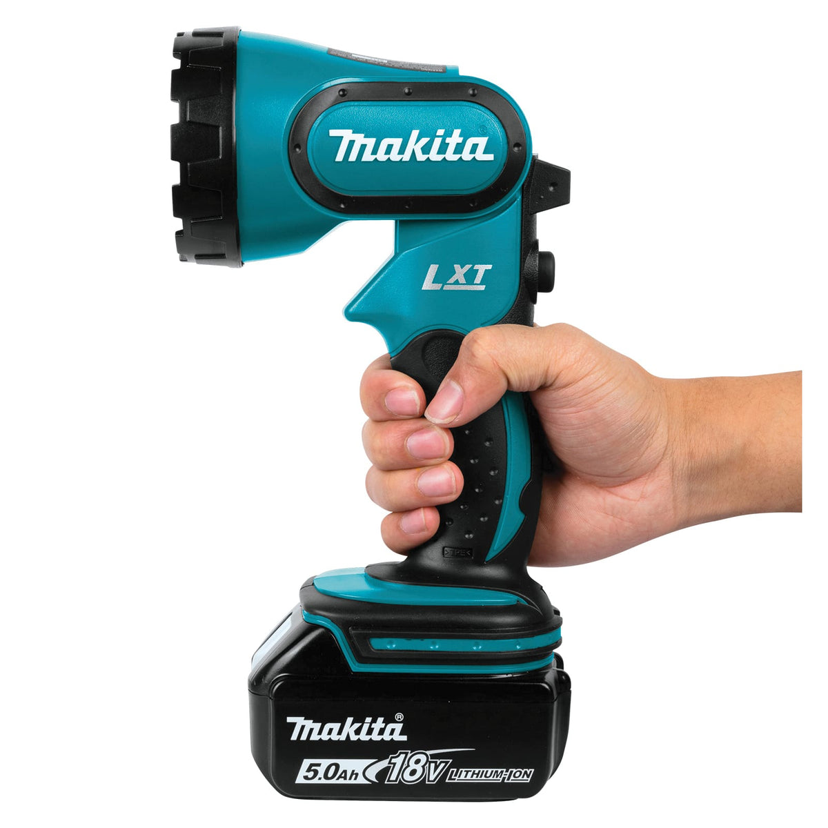 Handheld Makita DML185 flashlight equipped with an 18V 5.0Ah LXT battery providing up to 7.5 hours of continuous jobsite illumination.