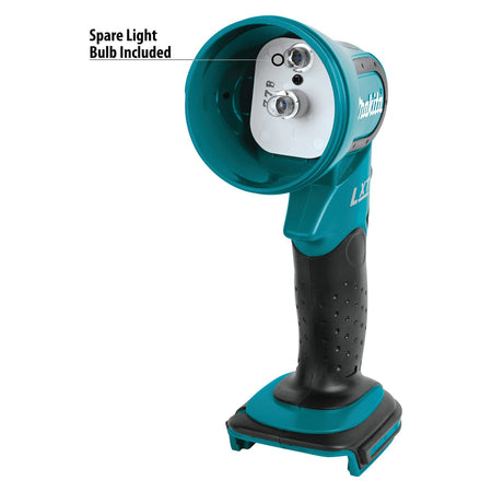 Makita DML185 flashlight housing with the front bezel removed to show the internal spare xenon bulb holder for fast field replacements.