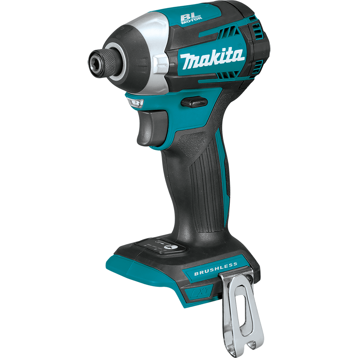 Makita XDT14Z 18V LXT cordless brushless 1/4-inch hex impact driver bare tool with belt clip for jobsite fastening.