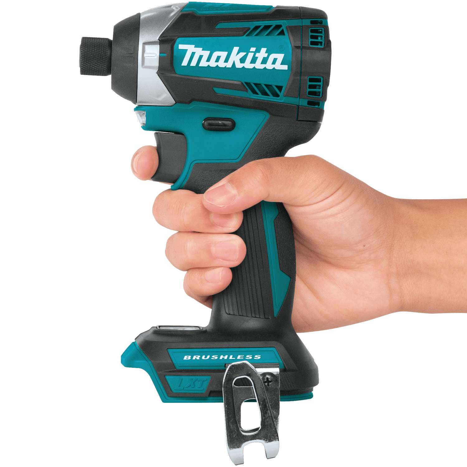 User holding the compact 4-5/8-inch Makita 18V brushless impact driver demonstrating balanced one-handed operation.