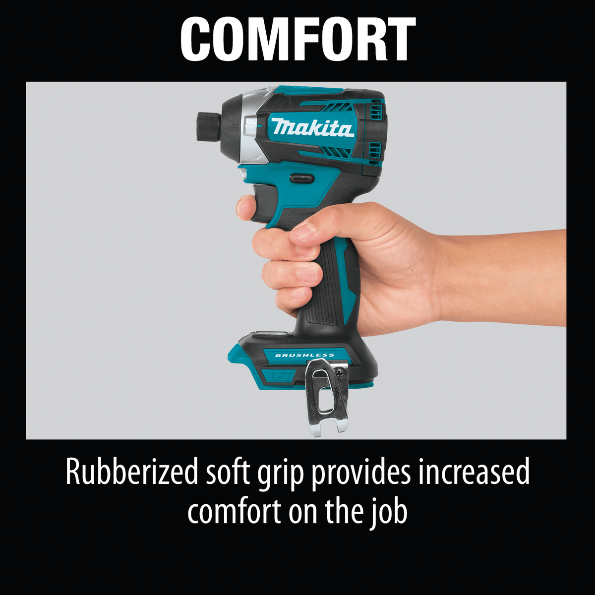 Ergonomic rubberized grip handle on the Makita impact driver provides operator comfort and control during extended work.