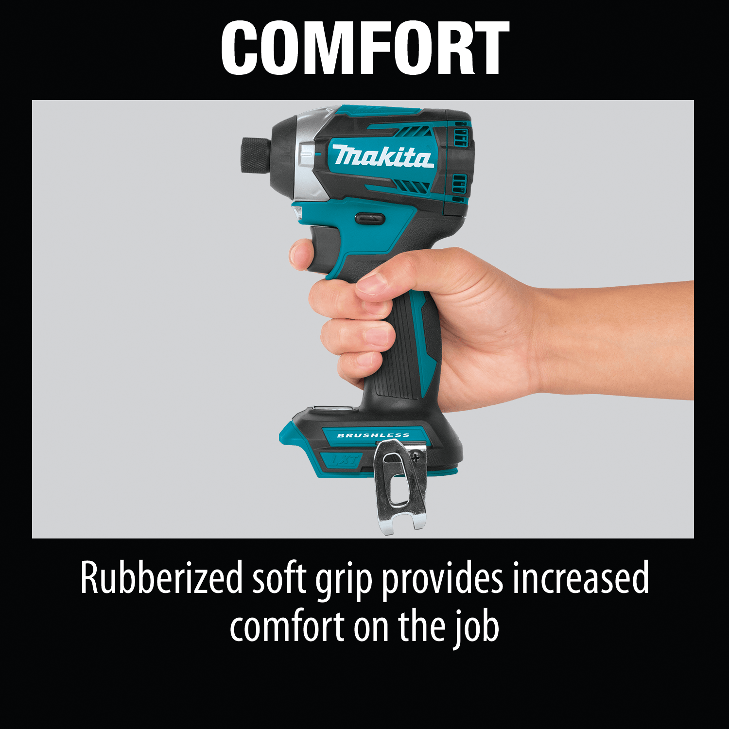 Ergonomic rubberized grip handle on the Makita impact driver provides operator comfort and control during extended work.