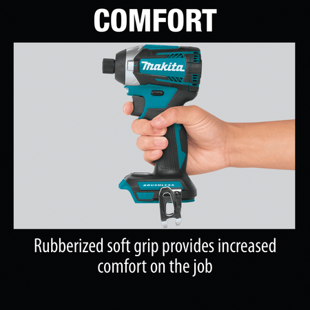 Ergonomic rubberized grip handle on the Makita impact driver provides operator comfort and control during extended work.
