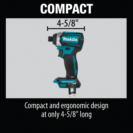 Makita XDT14Z compact body measures 4-5/8 inches long to fit easily between narrow stud bays and tight framing spaces.