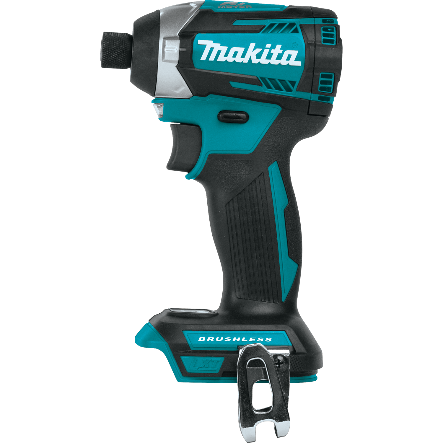 Side profile of the Makita 18V brushless impact driver bare tool highlights the balanced motor housing and belt clip.