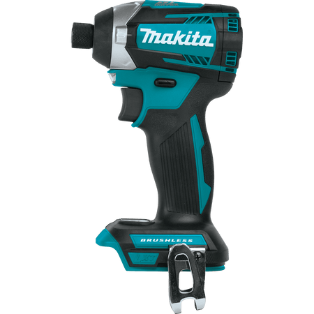 Side profile of the Makita 18V brushless impact driver bare tool highlights the balanced motor housing and belt clip.