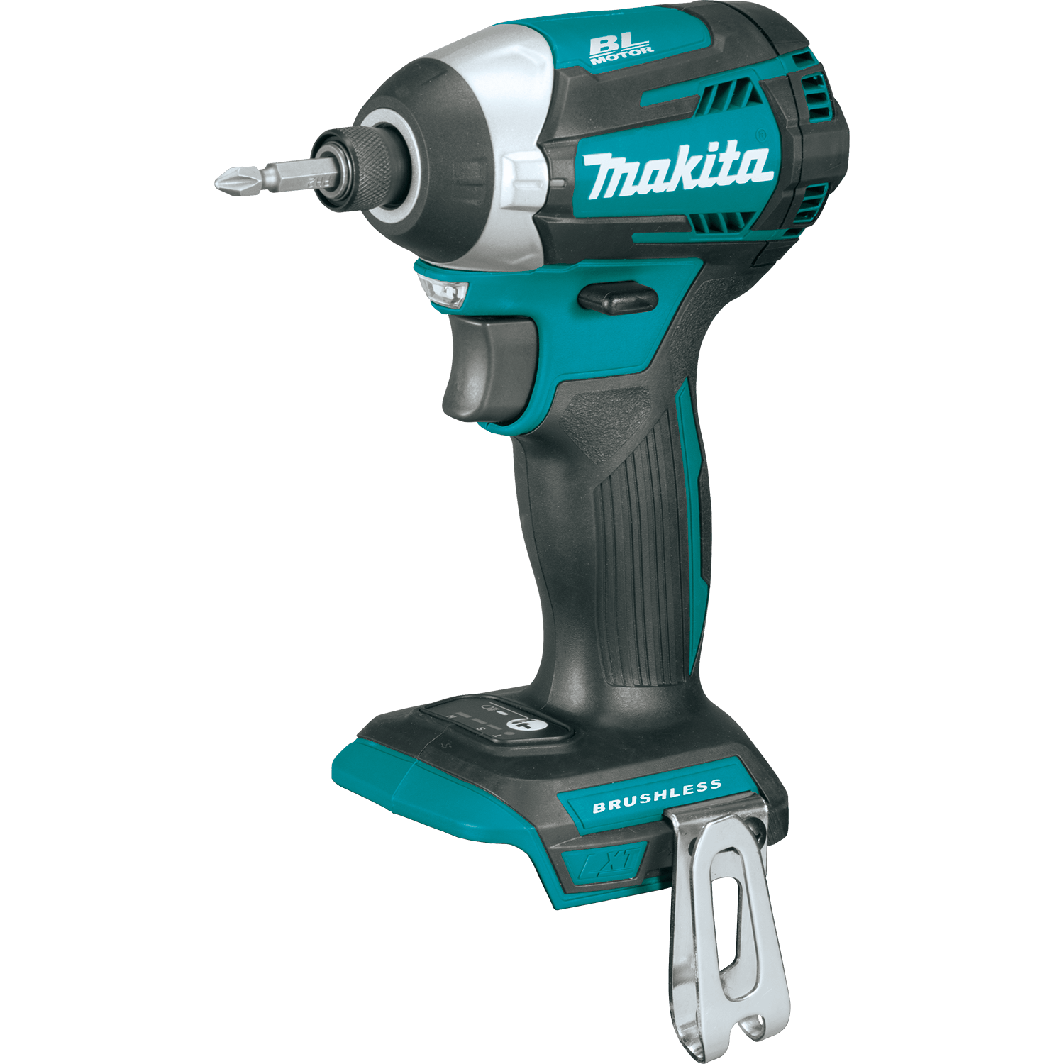 Makita XDT14Z impact driver with a 1/4-inch hex driver bit inserted into the quick-release chuck for rapid bit changes.