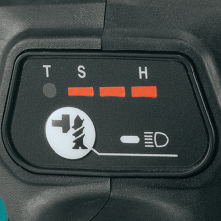 Digital control panel on the Makita XDT14Z displays 3-speed power levels, T-mode setting, and light controls.