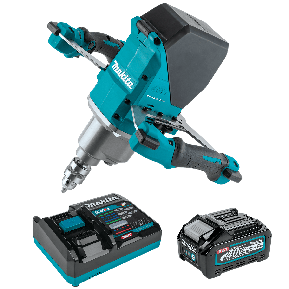 Makita 40V max XGT brushless cordless 1/2-inch mixer kit with a 4.0Ah battery, rapid charger, and keyless chuck.