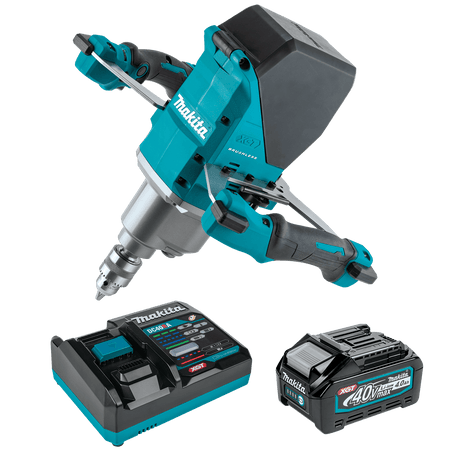 Makita 40V max XGT brushless cordless 1/2-inch mixer kit with a 4.0Ah battery, rapid charger, and keyless chuck.