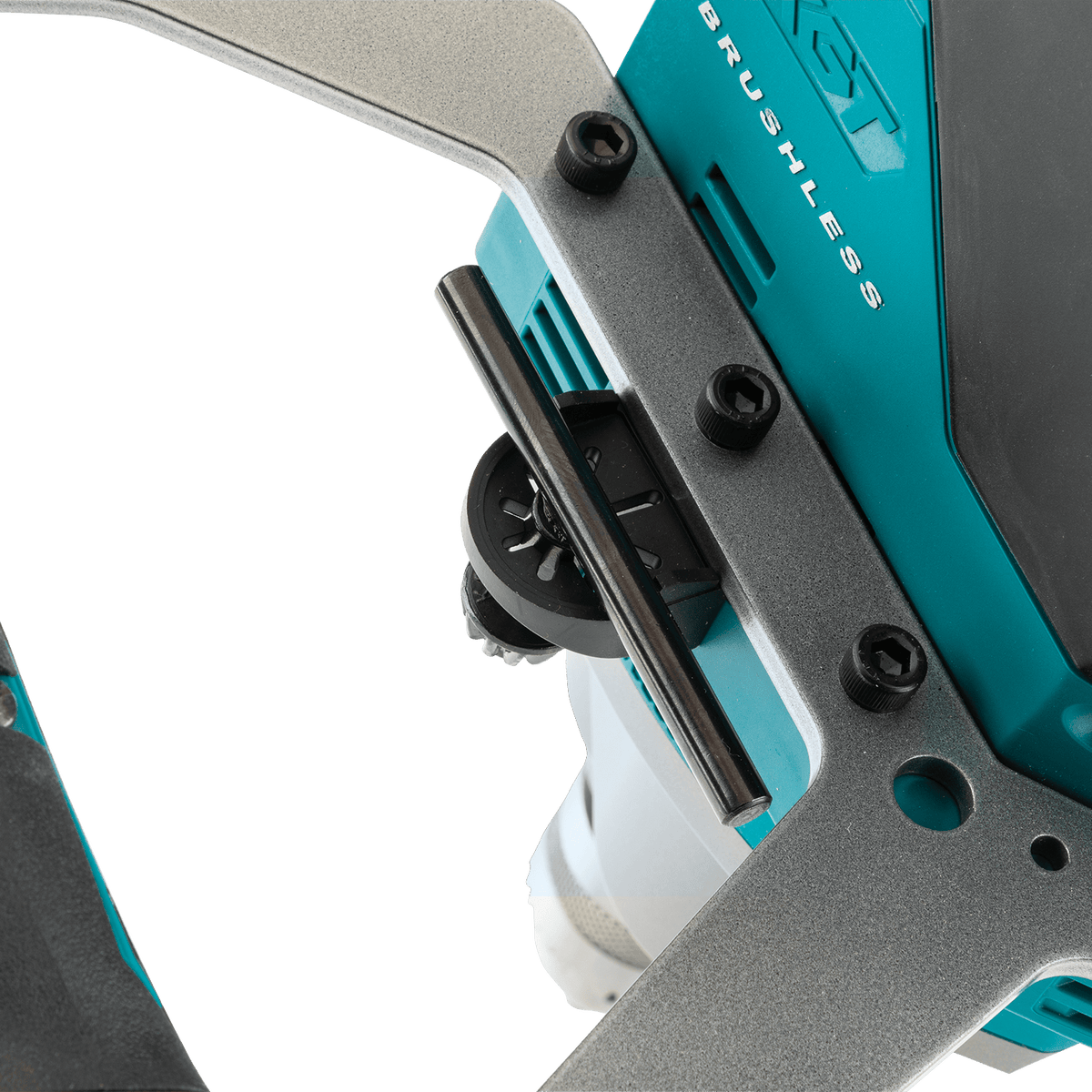 Close-up of the Makita 40V XGT mixer gear housing showing the integrated chuck key storage holder.