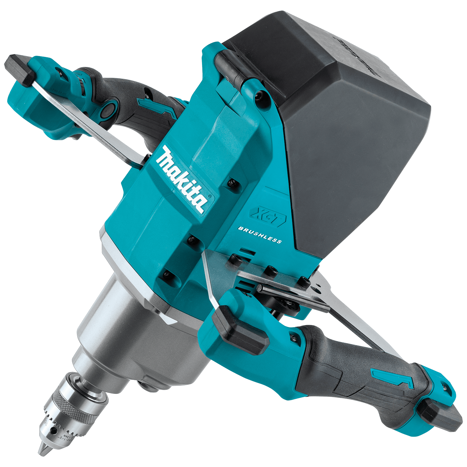 Makita 40V max XGT cordless 1/2-inch brushless concrete and mortar mixer featuring dual handles and a splash-back cover.