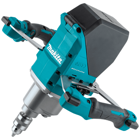 Makita 40V max XGT cordless 1/2-inch brushless concrete and mortar mixer featuring dual handles and a splash-back cover.