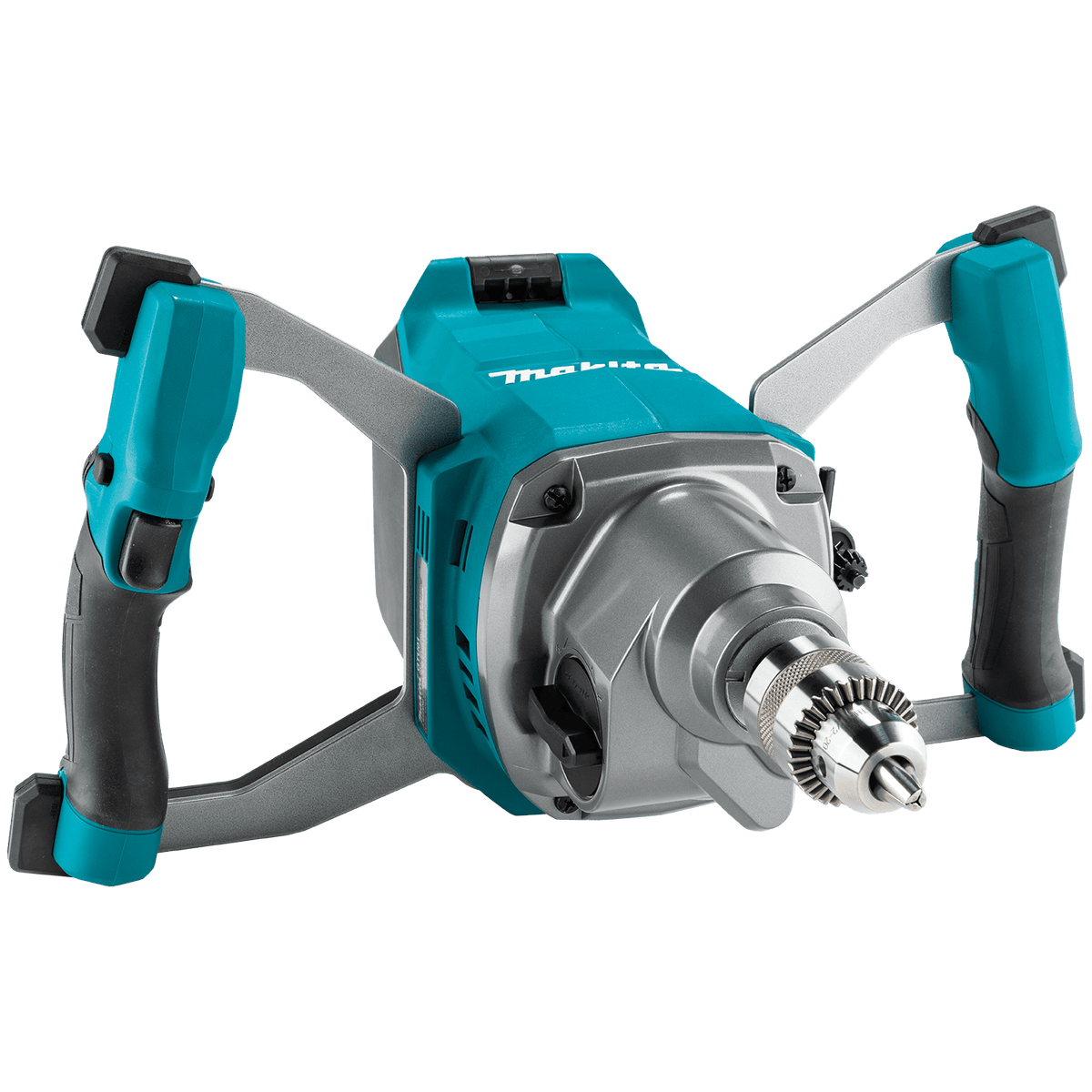 Front perspective view of the Makita 40V XGT brushless cordless mixer showing its 1/2-inch keyed chuck and heavy-duty gear housing.