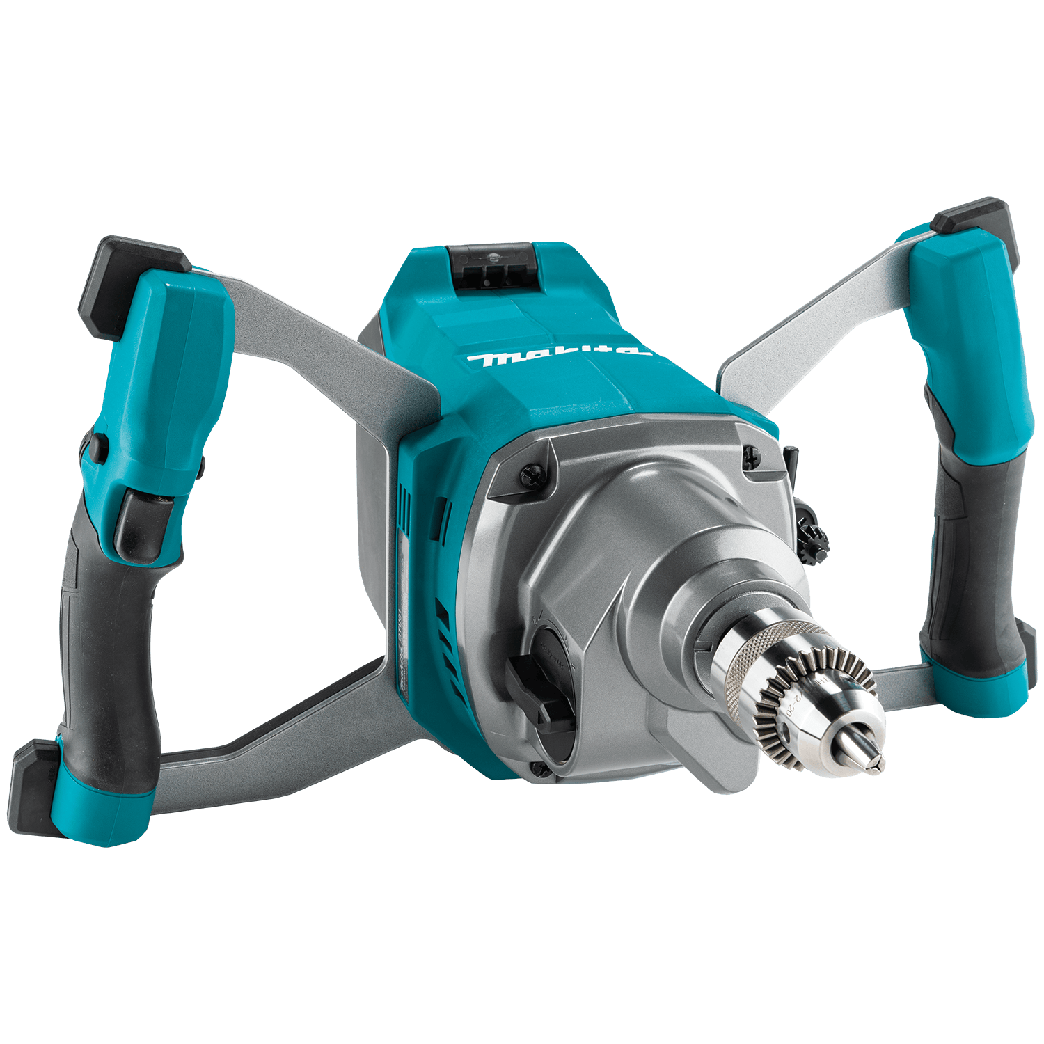 Front perspective view of the Makita 40V XGT brushless cordless mixer showing its 1/2-inch keyed chuck and heavy-duty gear housing.