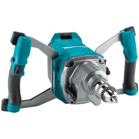Front perspective view of the Makita 40V XGT brushless cordless mixer showing its 1/2-inch keyed chuck and heavy-duty gear housing.