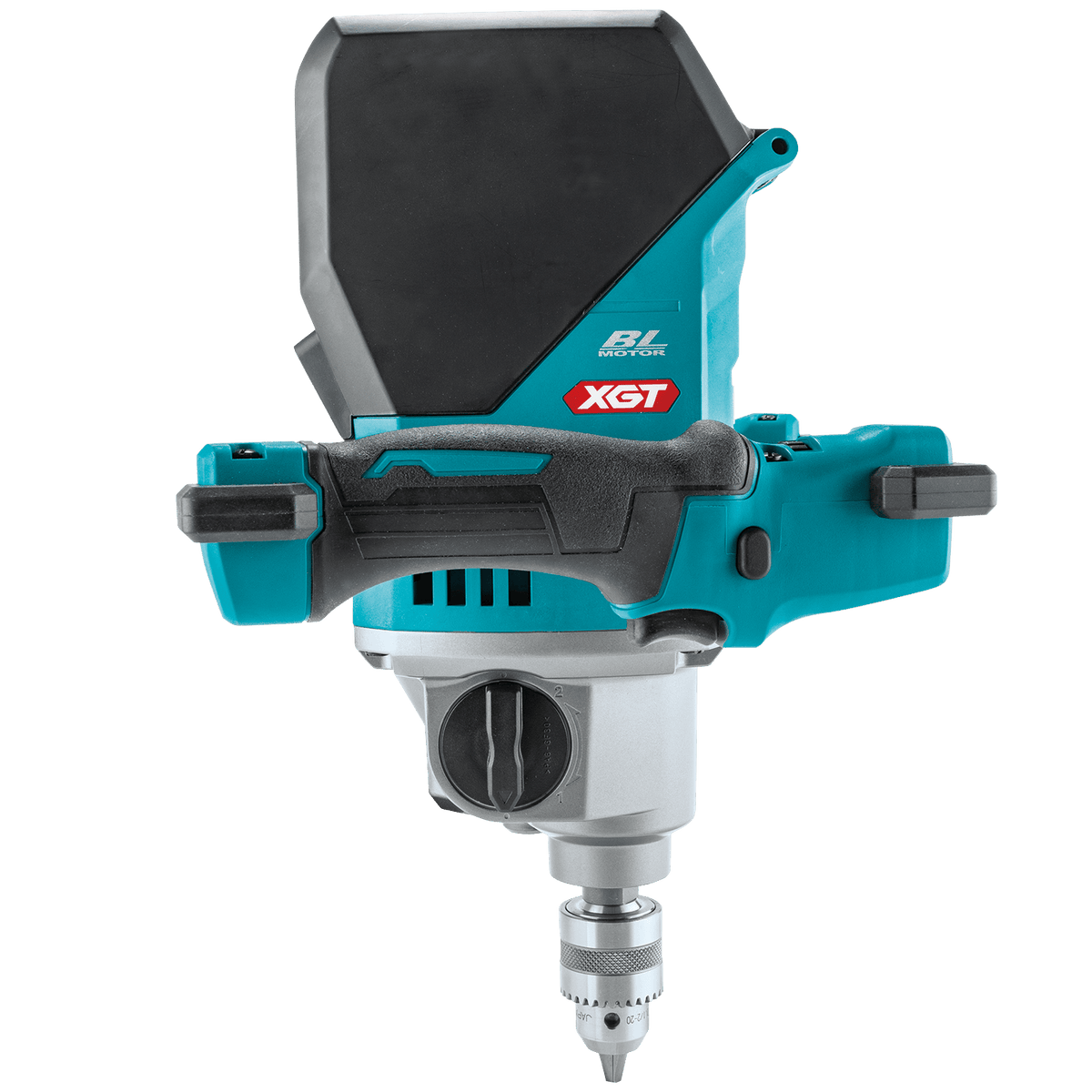 Side profile of the Makita 40V XGT cordless mixer highlighting the brushless motor housing and battery protection splash cover.