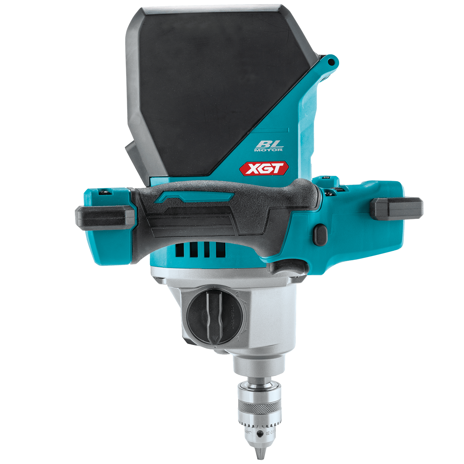 Side profile of the Makita 40V XGT cordless mixer highlighting the brushless motor housing and battery protection splash cover.