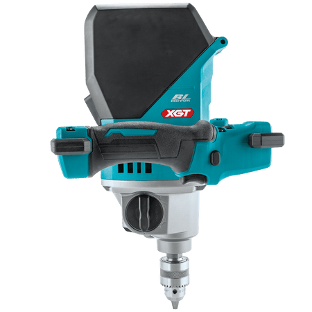 Side profile of the Makita 40V XGT cordless mixer highlighting the brushless motor housing and battery protection splash cover.