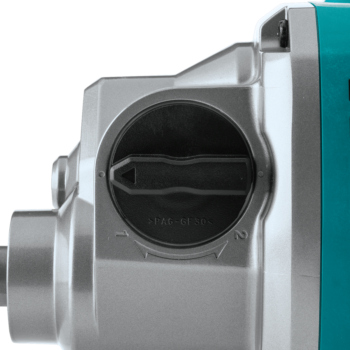 Close-up of the Makita 40V XGT mixer 2-speed gear selection dial for switching between high and low mixing RPM ranges.