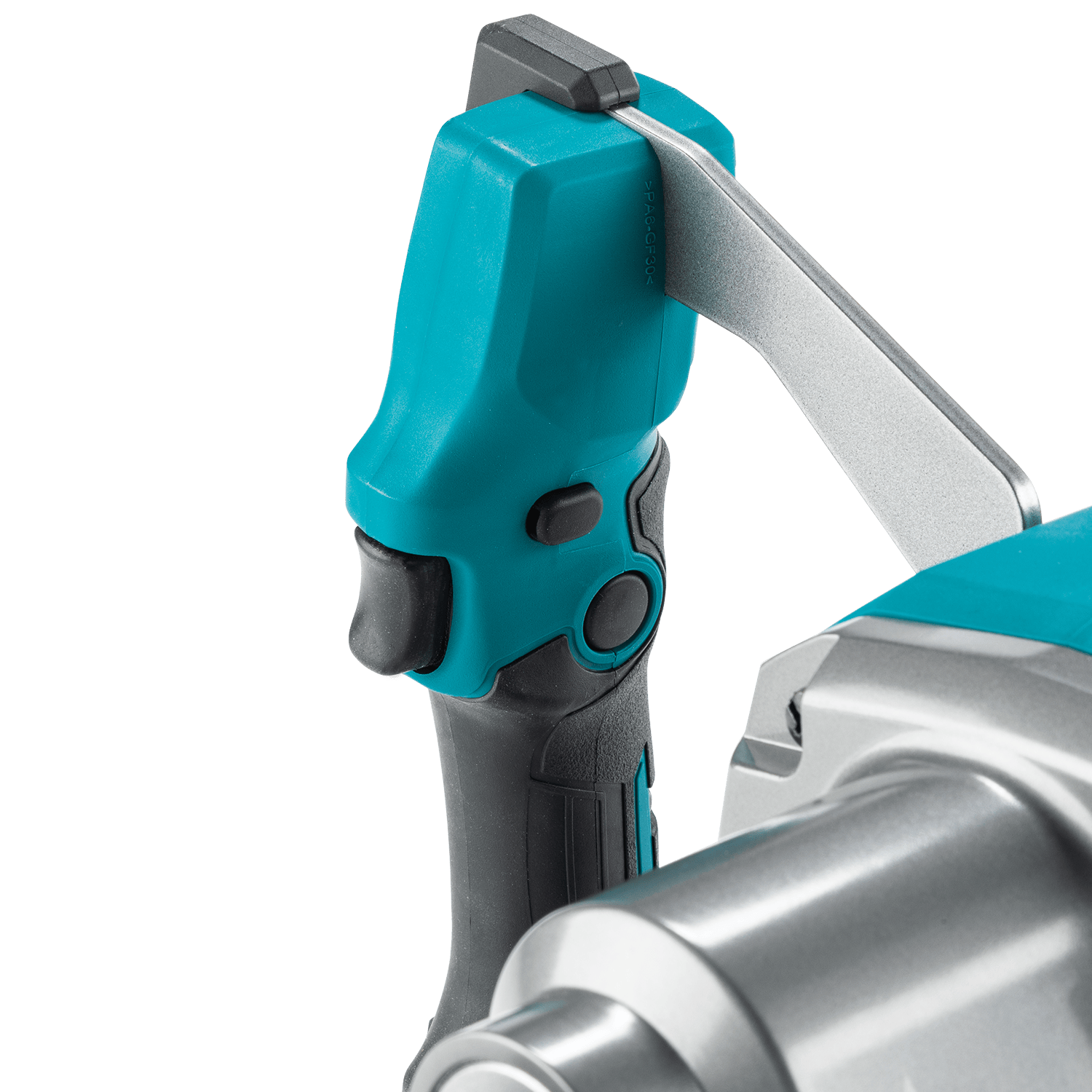 Ergonomic handle of the Makita 40V XGT cordless mixer showing the variable speed trigger and lock-on button.