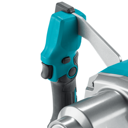 Ergonomic handle of the Makita 40V XGT cordless mixer showing the variable speed trigger and lock-on button.