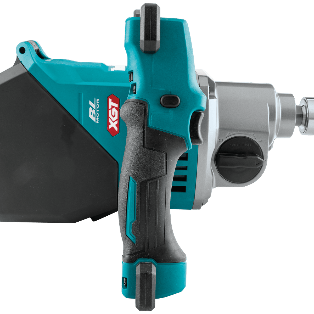 Rear view of the Makita 40V XGT cordless mixer grip showing the rubberized overmold and trigger assembly.