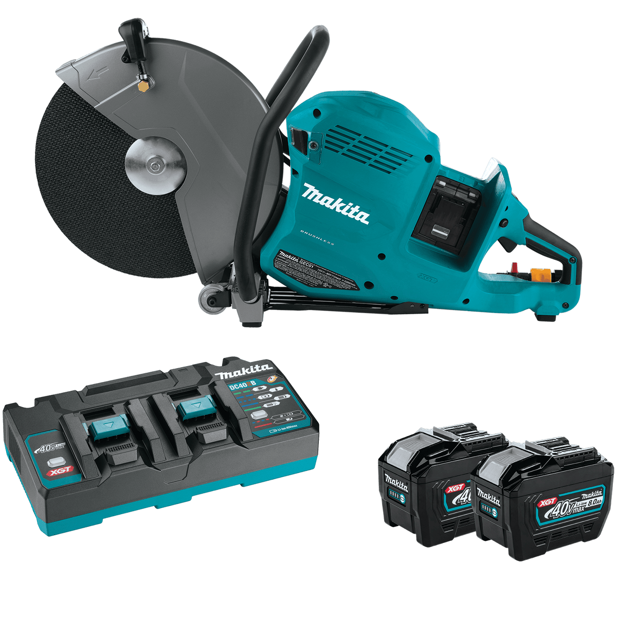 Studio product setup of the Makita GEC01PL cordless 14 inch power cutter kit displayed against a black background, showcasing the teal and black demolition saw alongside an XGT dual-port rapid optimum battery charger and two 40V Max 8.0Ah lithium-ion battery packs.