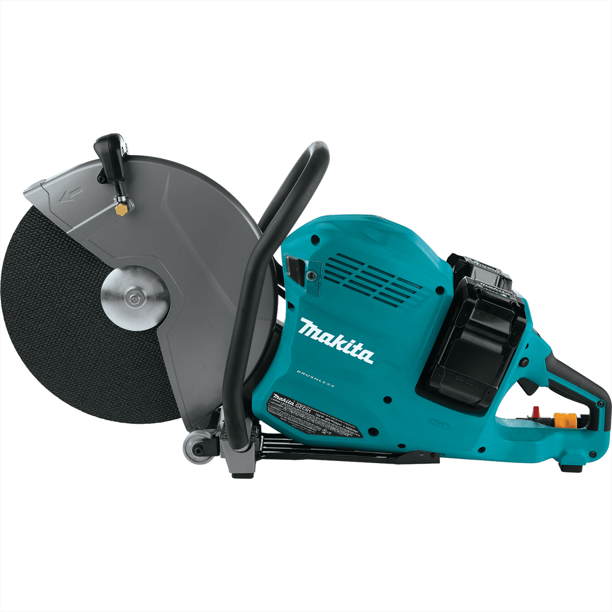 Studio right side profile view of the Makita 80V Max XGT cordless 14 inch power cutter with two 40V Max lithium-ion batteries slotted into the rear power bay, highlighting the adjustable blade guard, aluminum floor wheels, and D-handle ergonomics.