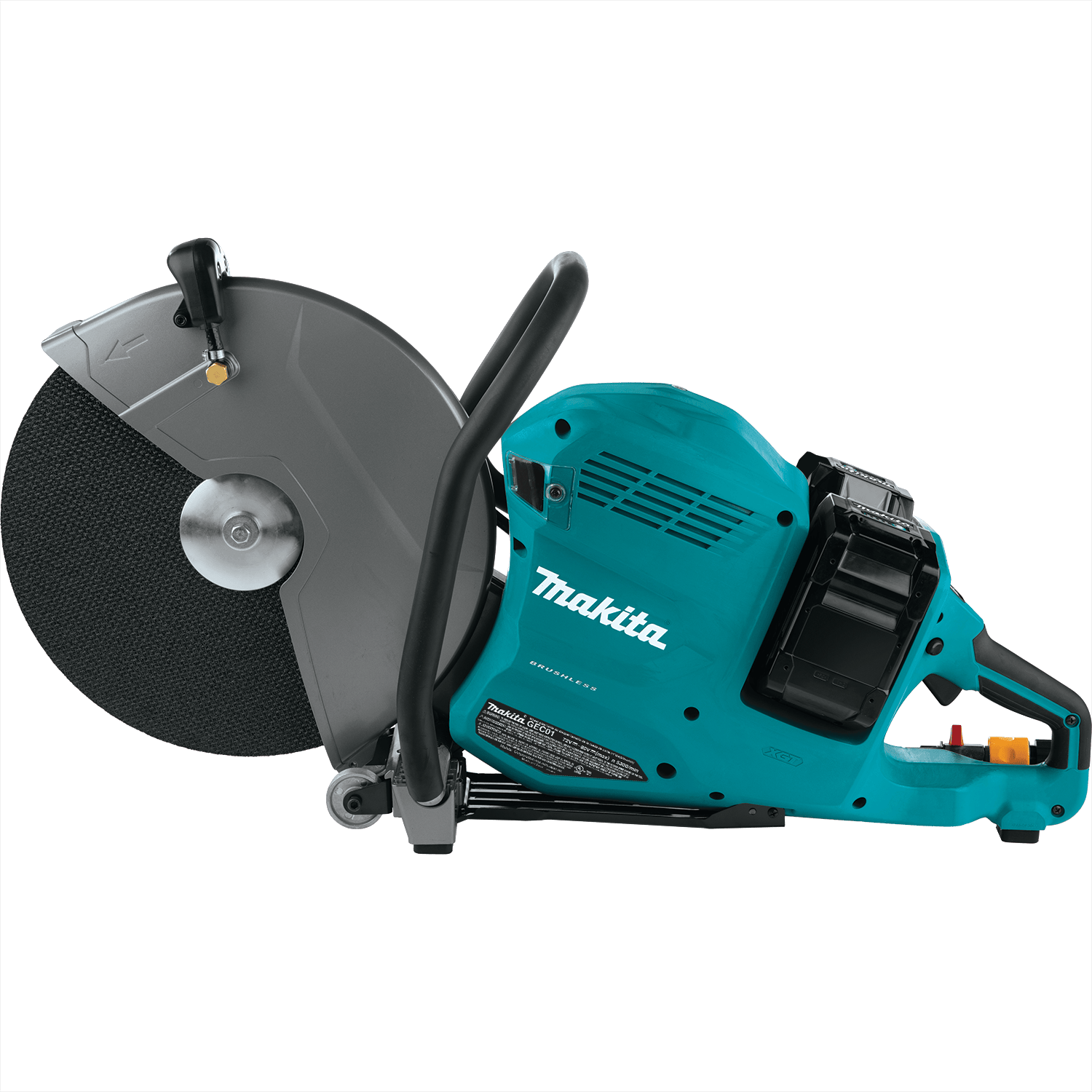 Studio right side profile view of the Makita 80V Max XGT cordless 14 inch power cutter with two 40V Max lithium-ion batteries slotted into the rear power bay, highlighting the adjustable blade guard, aluminum floor wheels, and D-handle ergonomics.