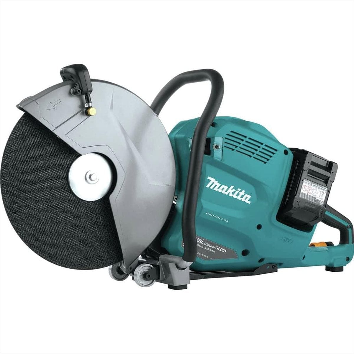 Angled studio perspective view of the Makita cordless 14 inch demolition saw, detailing the structural metal wheel guard, heavy-duty loop front handle, and twin battery packs mounted to the motor body housing.
