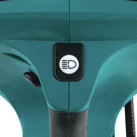 Macro close-up shot focusing on the independent electronic headlamp switch button featuring a white headlight icon graphic embossed on a black textured button face plate.