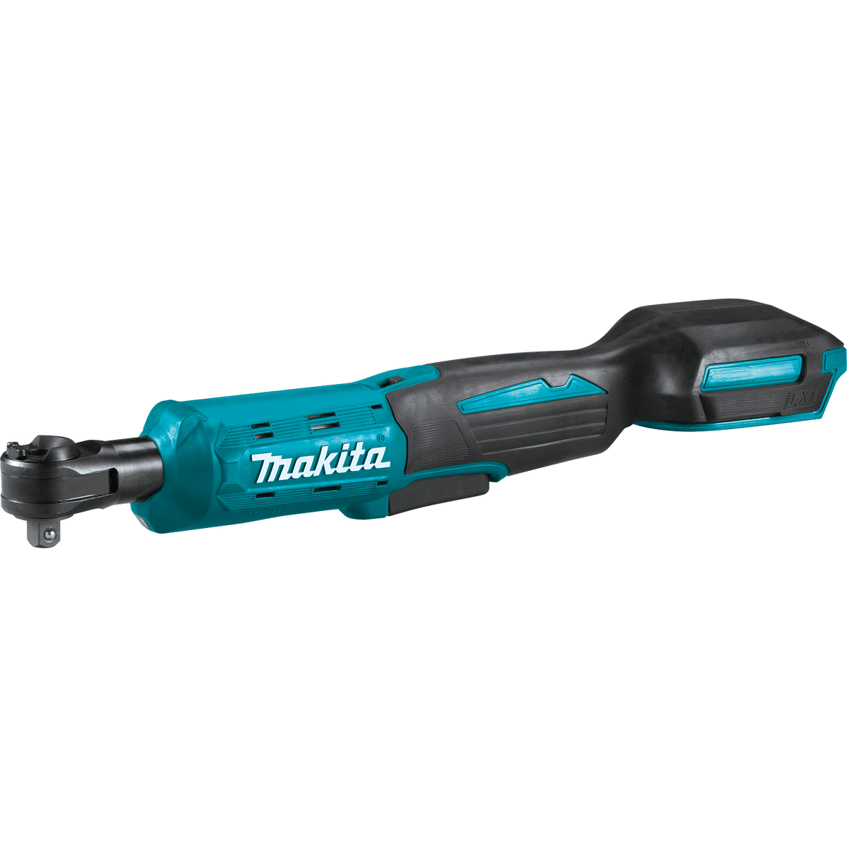 Makita XRW01Z 18V LXT cordless drive ratchet featuring a low-profile head and slim rubberized handle for tight engine bay fastening.