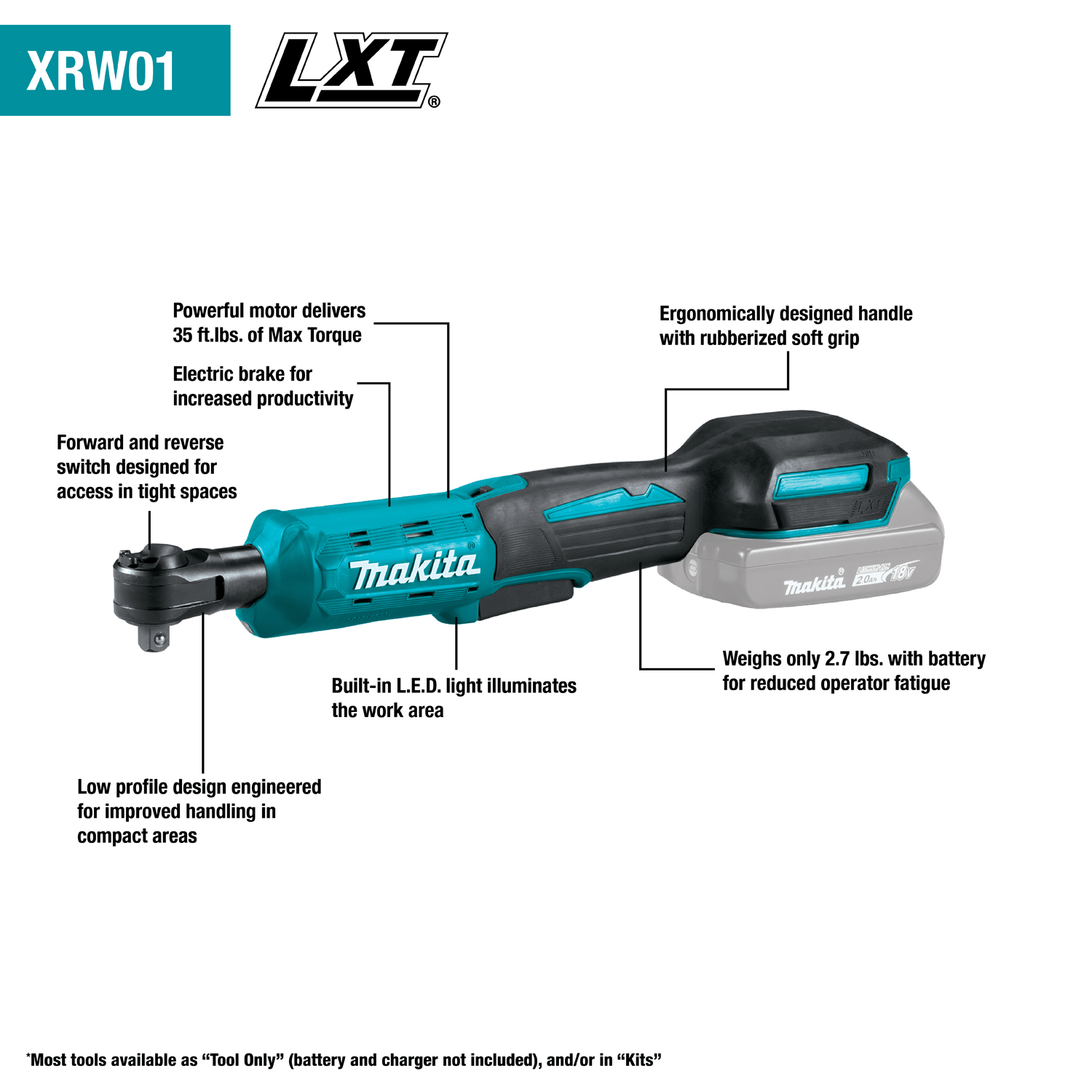 Feature callout graphic of the Makita XRW01Z ratchet detailing its 35 ft-lbs max torque, 800 RPM motor, electric brake, and 2.7-pound weight.