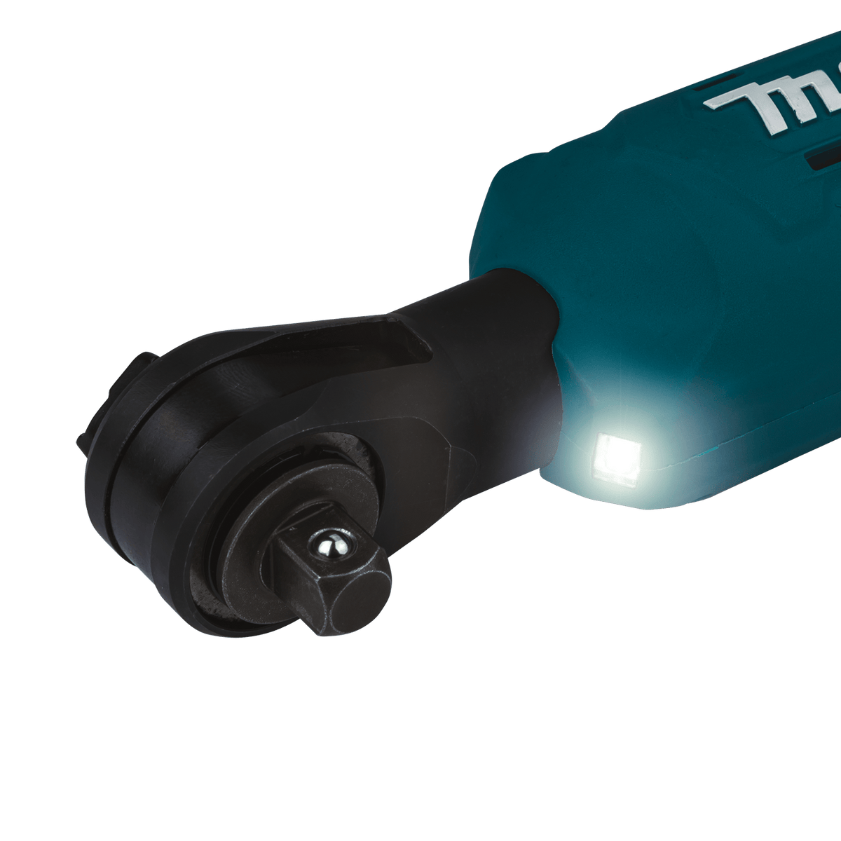 Close-up of the built-in front LED work light on the Makita XRW01Z cordless ratchet illuminating the drive square and socket connection.