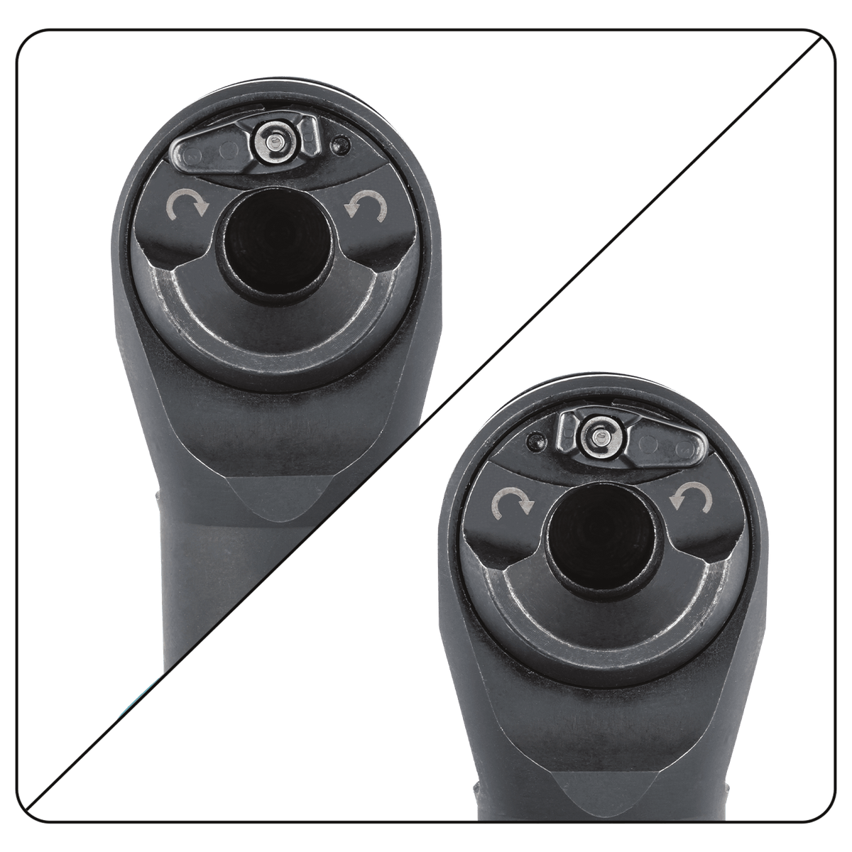 Top-down view of the directional forward and reverse selector switch on the Makita XRW01Z ratchet head for changing drive rotation.