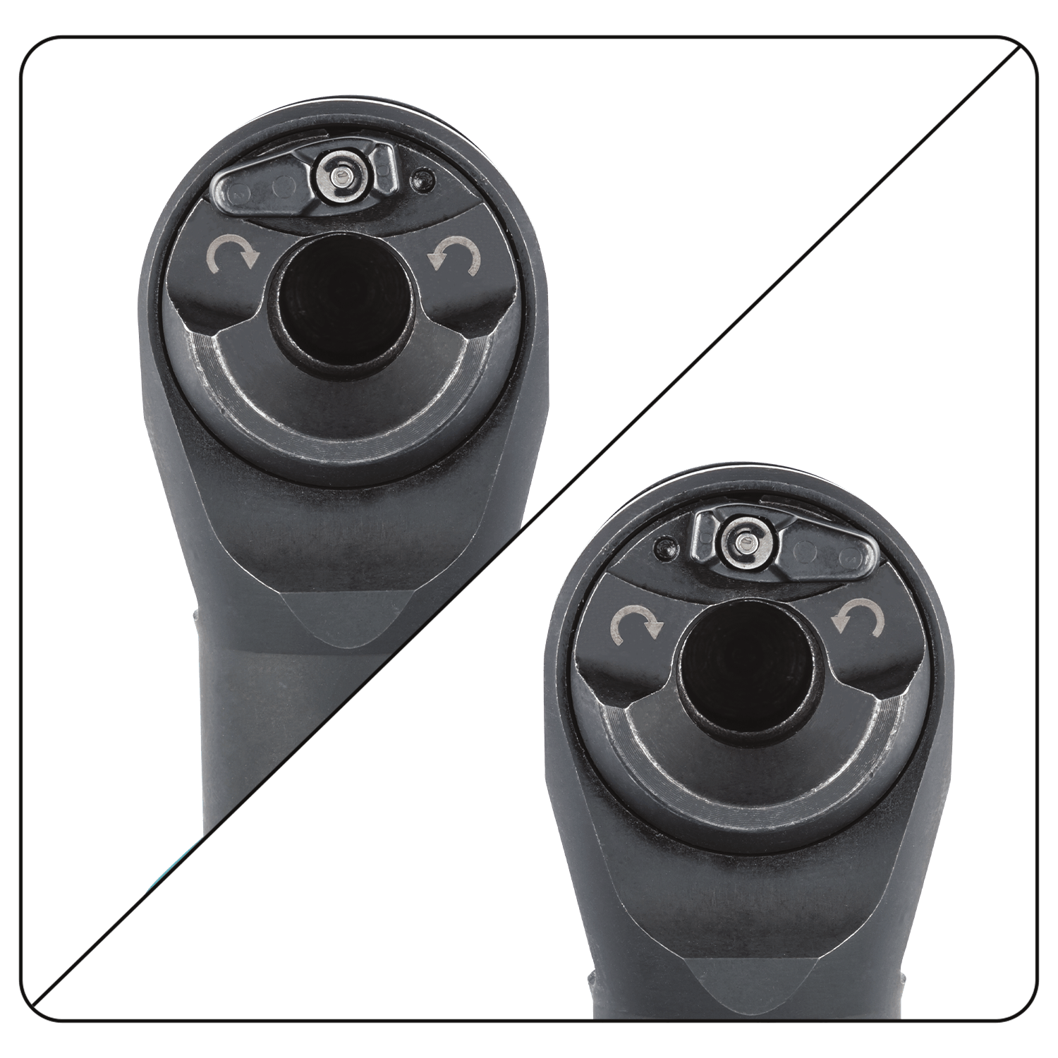 Top-down view of the directional forward and reverse selector switch on the Makita XRW01Z ratchet head for changing drive rotation.