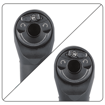 Top-down view of the directional forward and reverse selector switch on the Makita XRW01Z ratchet head for changing drive rotation.