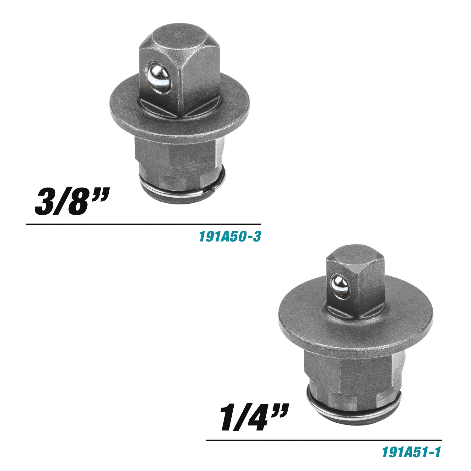 Pair of included interchangeable square drive anvil adapters for the Makita XRW01Z ratchet showing 3/8-inch and 1/4-inch drive sizes.