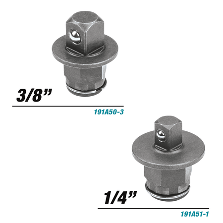 Pair of included interchangeable square drive anvil adapters for the Makita XRW01Z ratchet showing 3/8-inch and 1/4-inch drive sizes.