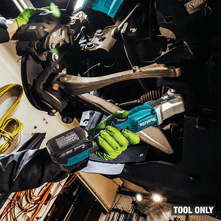Auto technician using the low-profile Makita XLT05Z cordless angle impact wrench to reach rear suspension link bolts.