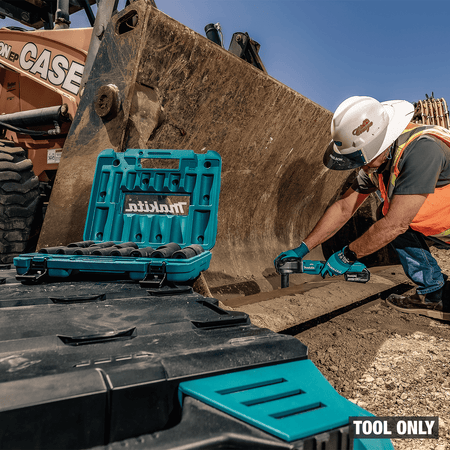 Field mechanic using the Makita XLT05Z cordless angle impact wrench with deep impact sockets on a loader cutting edge.