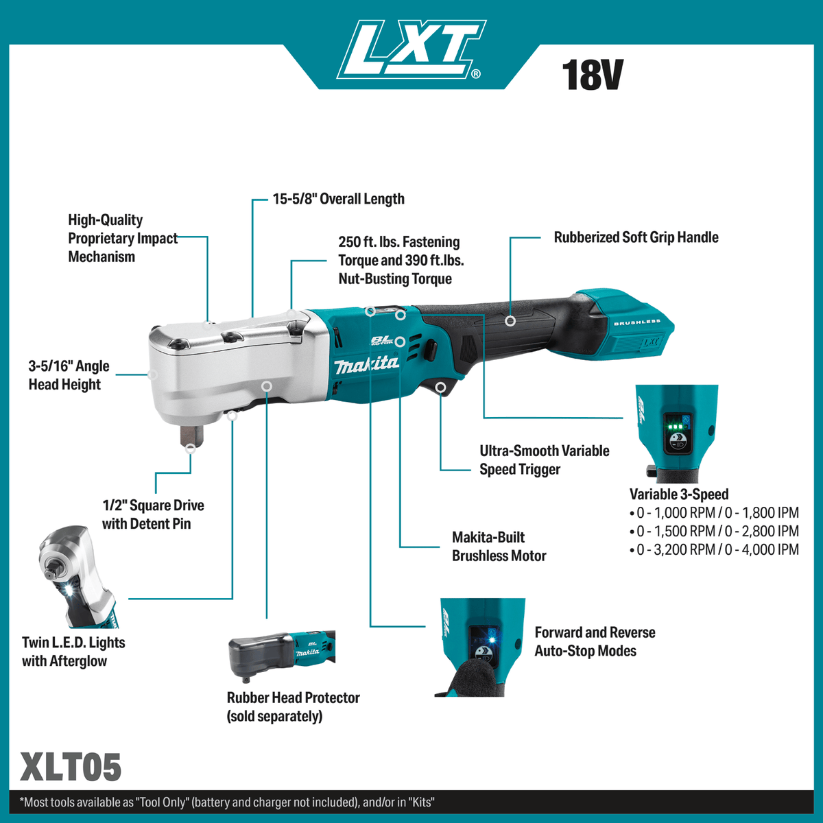 Makita XLT05 diagram detailing 390 ft-lb nut-busting torque, 3-5/16-inch head height, and 3-speed brushless motor specs.