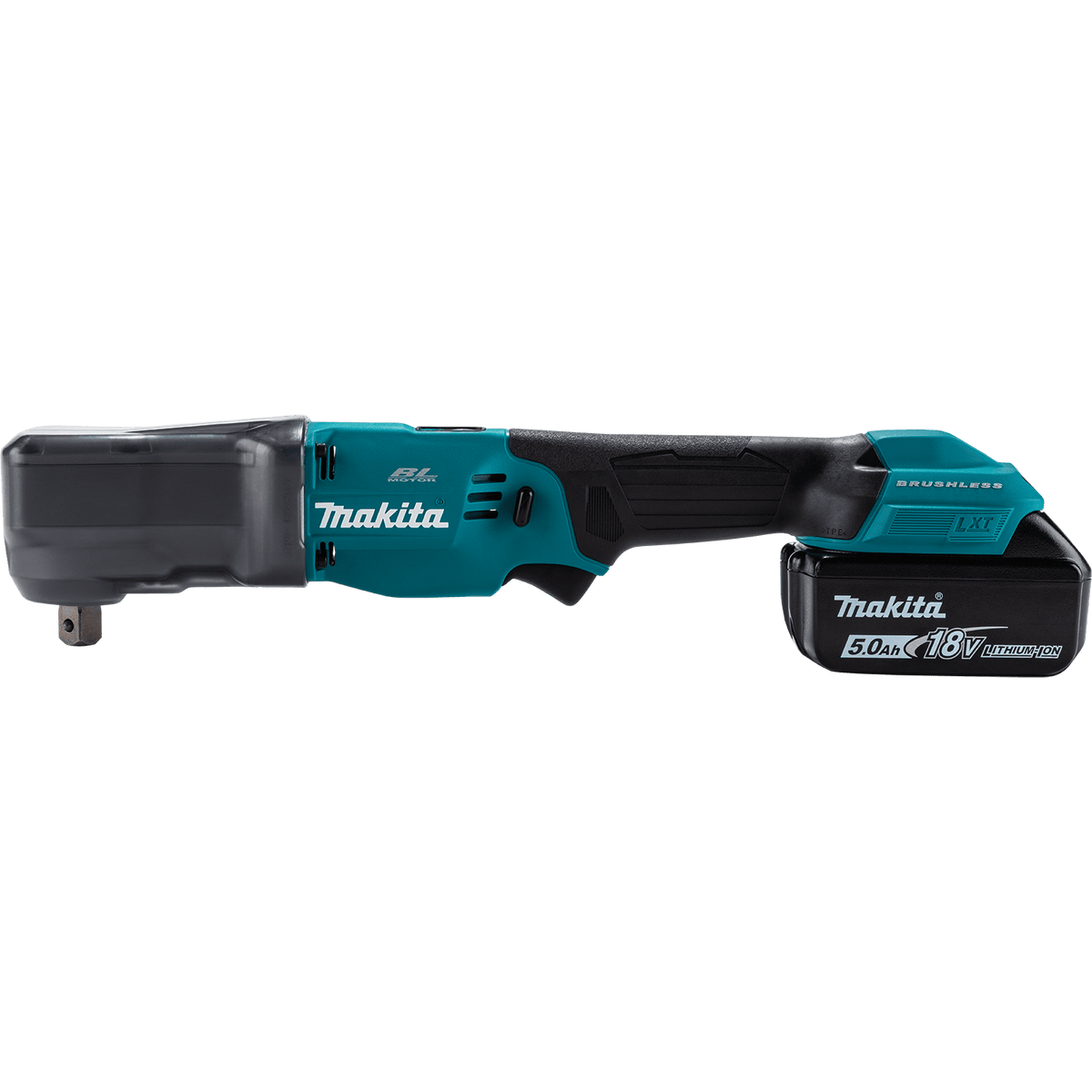Makita XLT05Z 1/2-inch angle impact wrench with protective rubber boot cover and 18V LXT 5.0Ah lithium-ion battery installed.